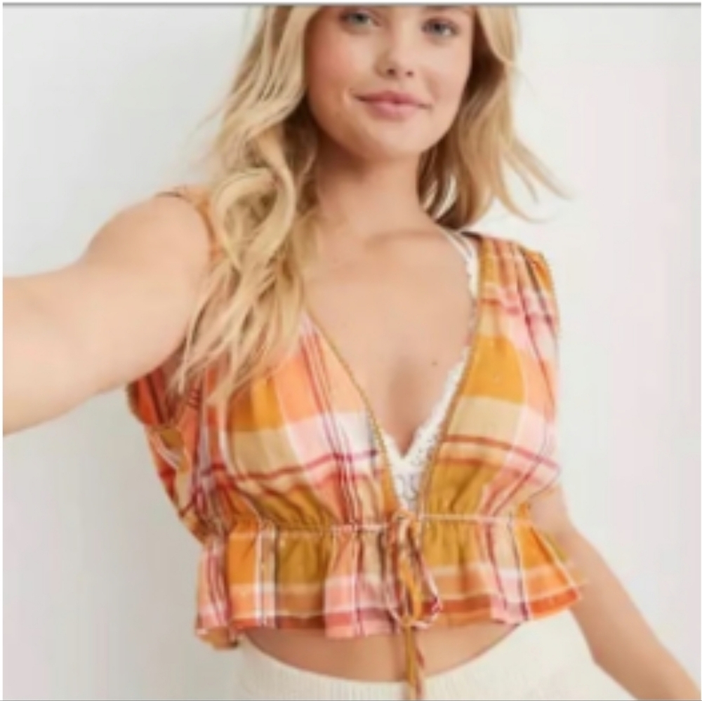 Aerie,NWT,Tie Front Peplum Flounce Feminine Cropped Tank Top,XL